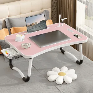 Portable Laptop Desk with USB Light, Small Fan, Cup Holder, Tablet Slot, and Lifting Handle -